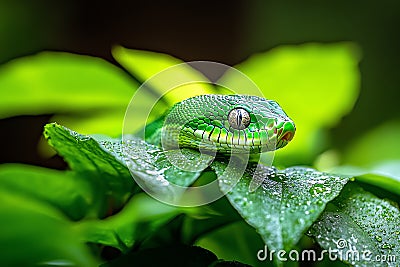 Snake Python, Green, and Camouflage visualized in a jungle where a green python blends in perfectly with the lush vegetation, its Stock Photo