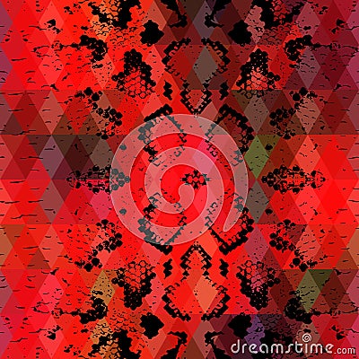 Snake skin texture with colored rhombus. Geometric background. Seamless pattern black red background, colorful psychedelic geomet Vector Illustration