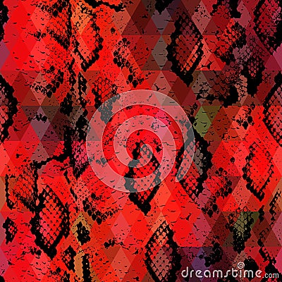 Snake skin texture with colored rhombus. Geometric background. Seamless pattern black red background, colorful psychedelic geomet Vector Illustration