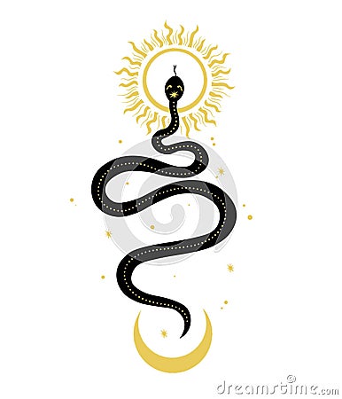 Snake sun moon. Vector art of mystical magic objects- snake, moon and sun, line art. Stock Photo