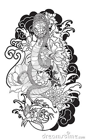 Snake tattoo with Sakura and Peony flower Stock Photo