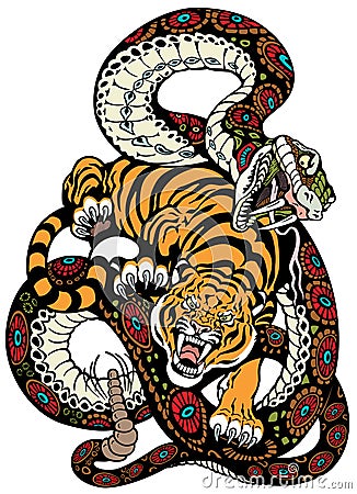 Snake and tiger fighting Vector Illustration