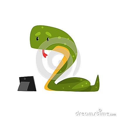 Snake working with a tablet, cute reptile cartoon character with modern gadget vector Illustration on a white background Vector Illustration