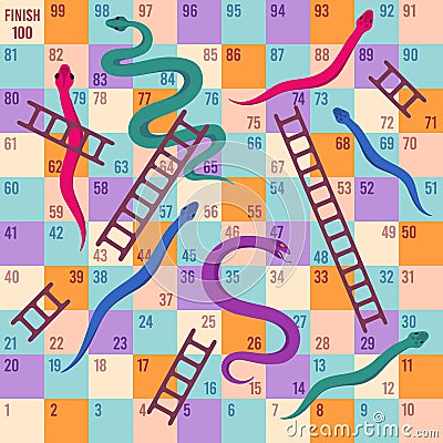 Snakes and ladders. Kids dice board game. Climbing puzzle map for children play activity. Fun traveling boardgame Vector Illustration