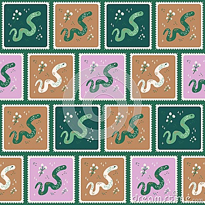 Snakes quilted seamless pattern. Crawling reptiles patchwork repeat background. Animal characters surface pattern design. Vector Vector Illustration