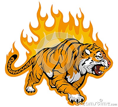 Snarling Bengal tiger on fire,Tiger Mascot. Vector Illustration