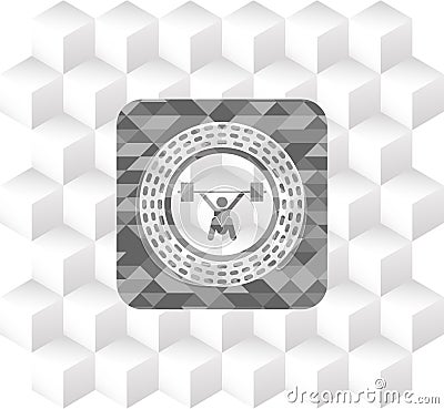 Snatch, weightlifting icon inside grey emblem with geometric cube white background Vector Illustration