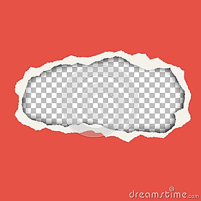 Snatched hole in red paper sheet. Background of resulting window is transparent and checkered and has space for text. Torn edges Vector Illustration