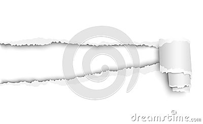 Snatched hole from white sheet of paper with soft shadow, white background of the resulting window and paper curl. Vector Vector Illustration