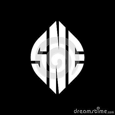 SNE circle letter logo design with circle and ellipse shape. SNE ellipse letters with typographic style. The three initials form a Vector Illustration
