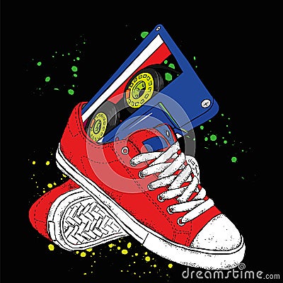 Sneakers and audiocassette. Music and shoes. Retro, vintage, 80s and 90s. Vector Illustration