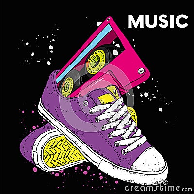 Sneakers and audiocassette. Music and shoes. Retro, vintage, 80s and 90s. Vector Illustration