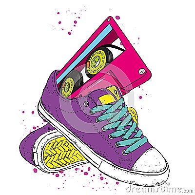 Sneakers and audiocassette. Music and shoes. Retro, vintage, 80s and 90s. Vector Illustration