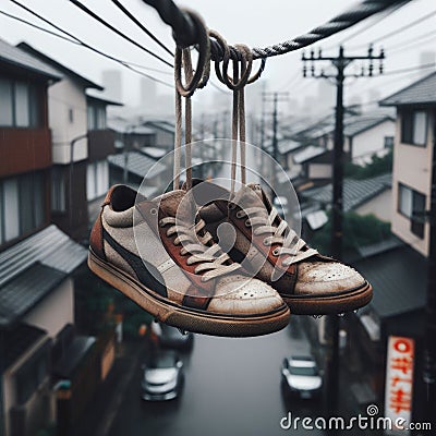 Sneakers hanging from telegraph wire Stock Photo