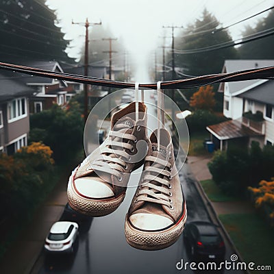 Sneakers hanging from telegraph wire Stock Photo