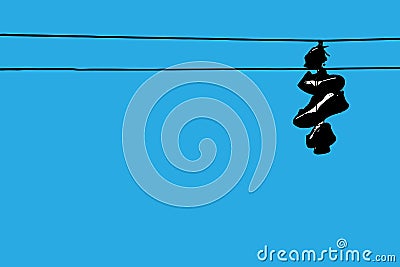 Sneakers hanging on wires against a clear blue sky Vector Illustration
