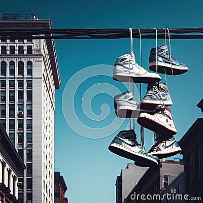 Sneakers hanging on wires in the background of houses in the city. Stock Photo