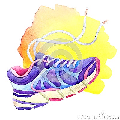 Sneakers with laces of blue-violet color on a yellow spot painted with watercolor on a white background Stock Photo