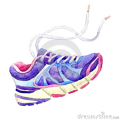 Sneakers with laces blue-violet painted watercolor on a white background Cartoon Illustration