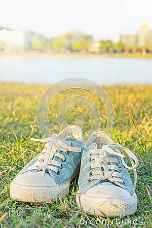 The Sneakers in the park, people often worn in comfort. Stock Photo