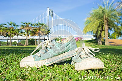 The Sneakers in the park, people often worn in comfort. Stock Photo