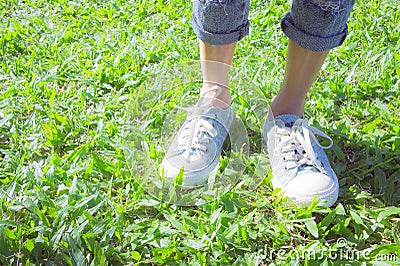 The Sneakers in the park, people often worn in comfort. Stock Photo