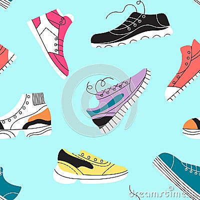 Sneakers seamless pattern. Fashion sport shoes texture, athlete store or training fabric print template. Different Vector Illustration