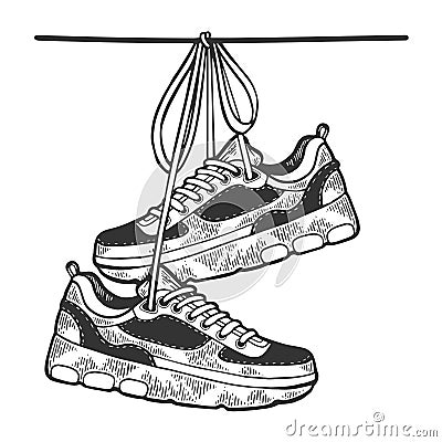 Sneakers on wire sketch engraving vector Vector Illustration