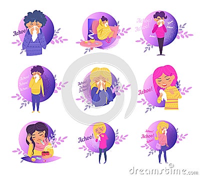 Sneeze, flu, disease, infection, spread Vector. Cartoon. Isolated art on white background. Flat Set Collection Vector Illustration