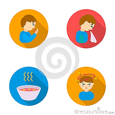 A sneezing man, a boy with a handkerchief, a patient with a headache, a hot broth, a drink in a plate, a cup.Sick set Vector Illustration