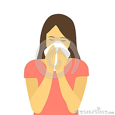 A woman in pink dress sneezing in handkerchief. Sick woman sneeze. Season allergy. Vector Illustration