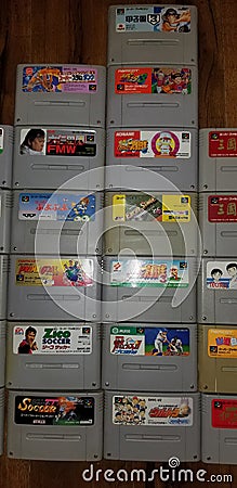 SNES SFC console cartridges blow me Japanese Japan games nintendo Collection Editorial Stock Photo