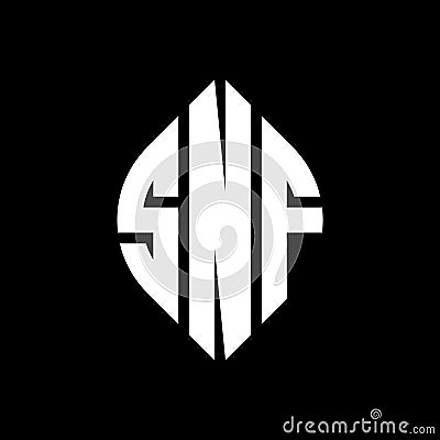 SNF circle letter logo design with circle and ellipse shape. SNF ellipse letters with typographic style. The three initials form a Vector Illustration