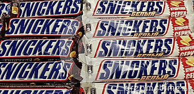 Snicker chocolate bar in grocery store Editorial Stock Photo
