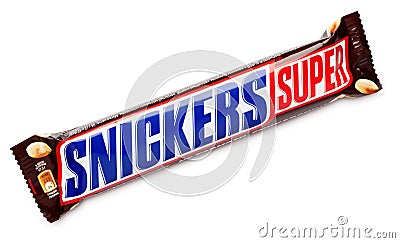 Snickers Super chocolate bar isolated on white with clipping path Editorial Stock Photo