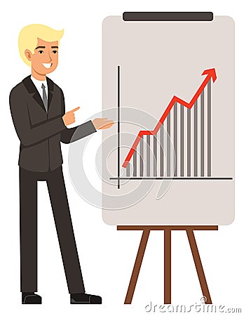 Sniling businessman showing work report with financial growth diagram Vector Illustration