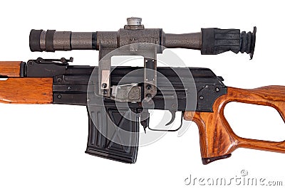 Sniper rifle, detail of telescopic sight. Stock Photo