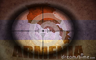 Sniper scope aimed at the armenian flag and map Stock Photo