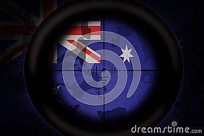 Sniper scope aimed at flag of australia on the khaki texture background. military concept. 3d illustration Cartoon Illustration