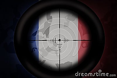 Sniper scope aimed at flag of france on the khaki texture background. military concept. 3d illustration Cartoon Illustration