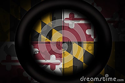 Sniper scope aimed at flag of maryland state on the khaki texture background. military concept. 3d illustration Cartoon Illustration