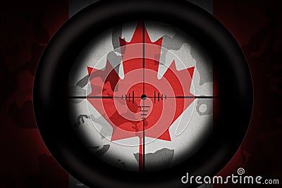 Sniper scope aimed at flag of canada on the khaki texture background. military concept. 3d illustration Cartoon Illustration