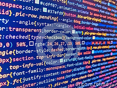 A snipped of minified javascript, the mostly used programming language on the internet. Code programming abstract screen of Stock Photo