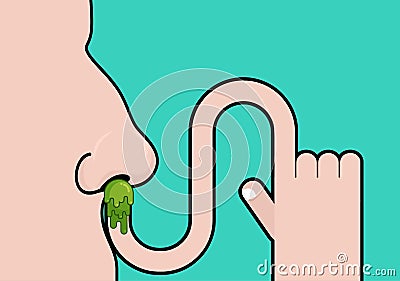 Snivel on finger. Pick your nose booger. Hand and snot. Green slime Vector Illustration