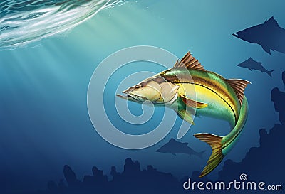 Snook Common Fish Mounts on water at depth realistic illustration. Cartoon Illustration