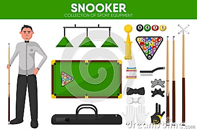Snooker billiards sport equipment pool player garment accessory vector flat icons set Vector Illustration