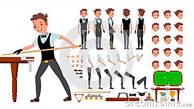 Snooker Player Male Vector. Animated Character Creation Set. Billiard. Man Full Length, Front, Side, Back View Vector Illustration
