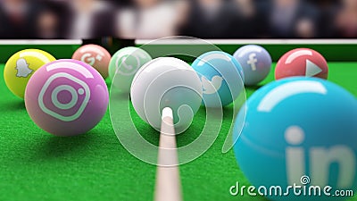 Snooker Pool Billard table with social networks balls Editorial Stock Photo