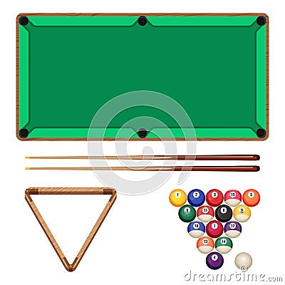 Snooker and pool gaming elements isolated on white. Billiard table Vector Illustration