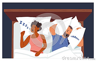 Snore Disease, Breathing Health Disorder, Annoyance Concept. Male Character Suffer Of Wife Snoring Covering Ears Vector Illustration